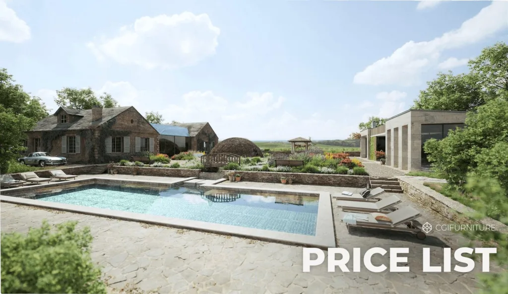 Cover of the CGIFurniture price list with a 3D rendering of a pool terrace paved in flagstone