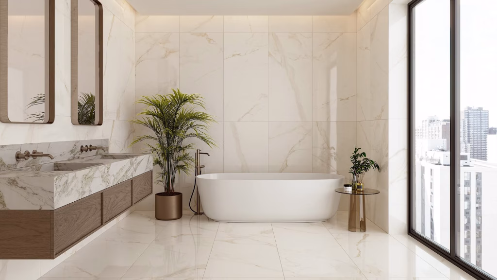 Bathroom render with large-format cream marble-look tile on the walls and floor, a freestanding tub, a double vanity and a city view