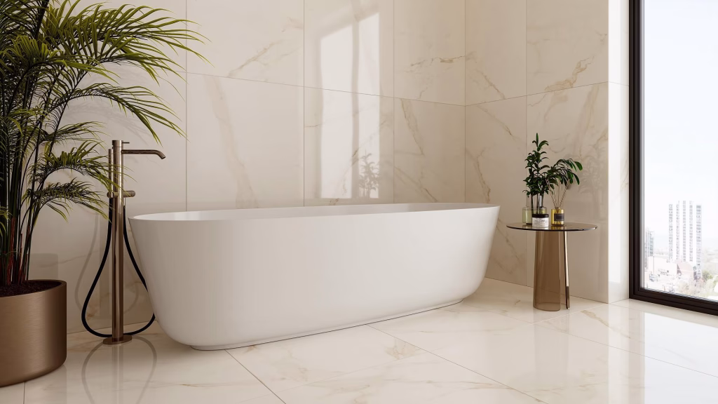 CGI close-up of a freestanding tub against large-format cream marble-look tile with gold veining on the walls and floor