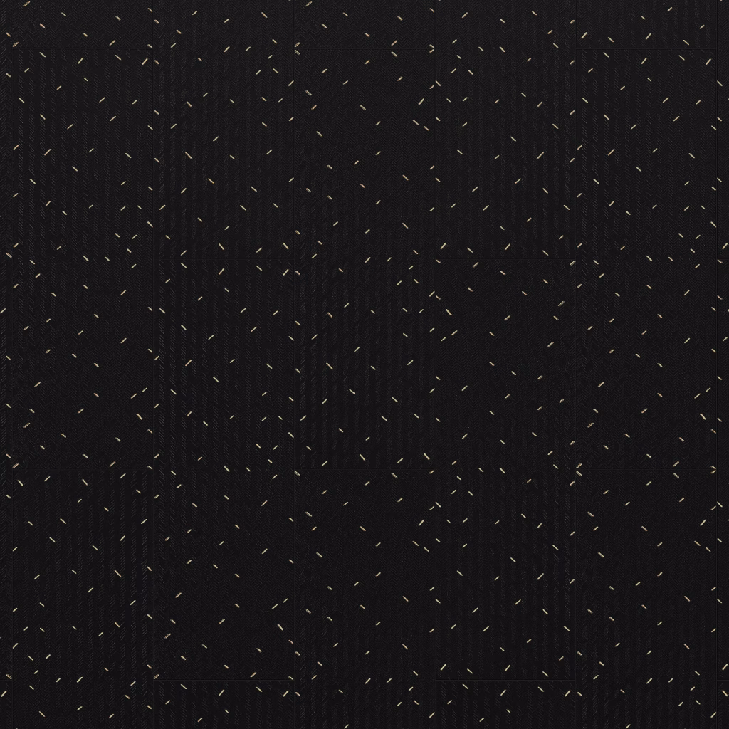 Flat CGI view of black herringbone-textured tile with gold inlay across a full wall section