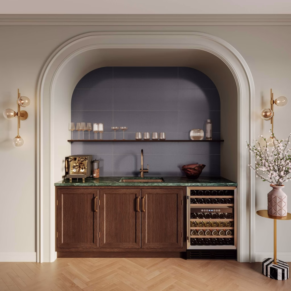 3D render of a coffee and wine nook in an arched alcove with large-format slate-blue textured tile behind a green marble counter