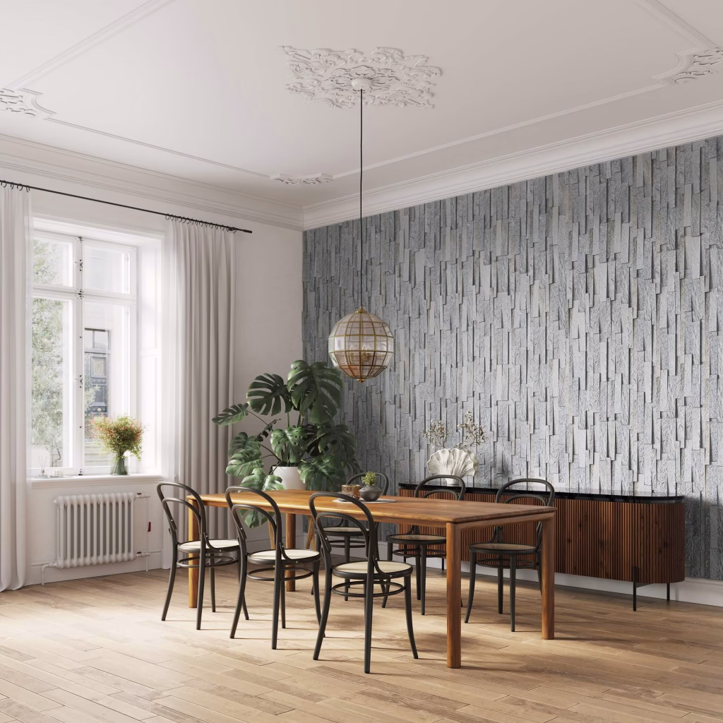 Dining room visualization with a grey stacked stone accent wall behind a walnut table and bentwood chairs