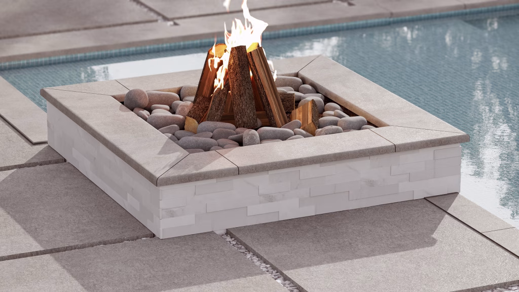 Close-up render of a poolside fire pit clad in white stacked stone panels with stone coping