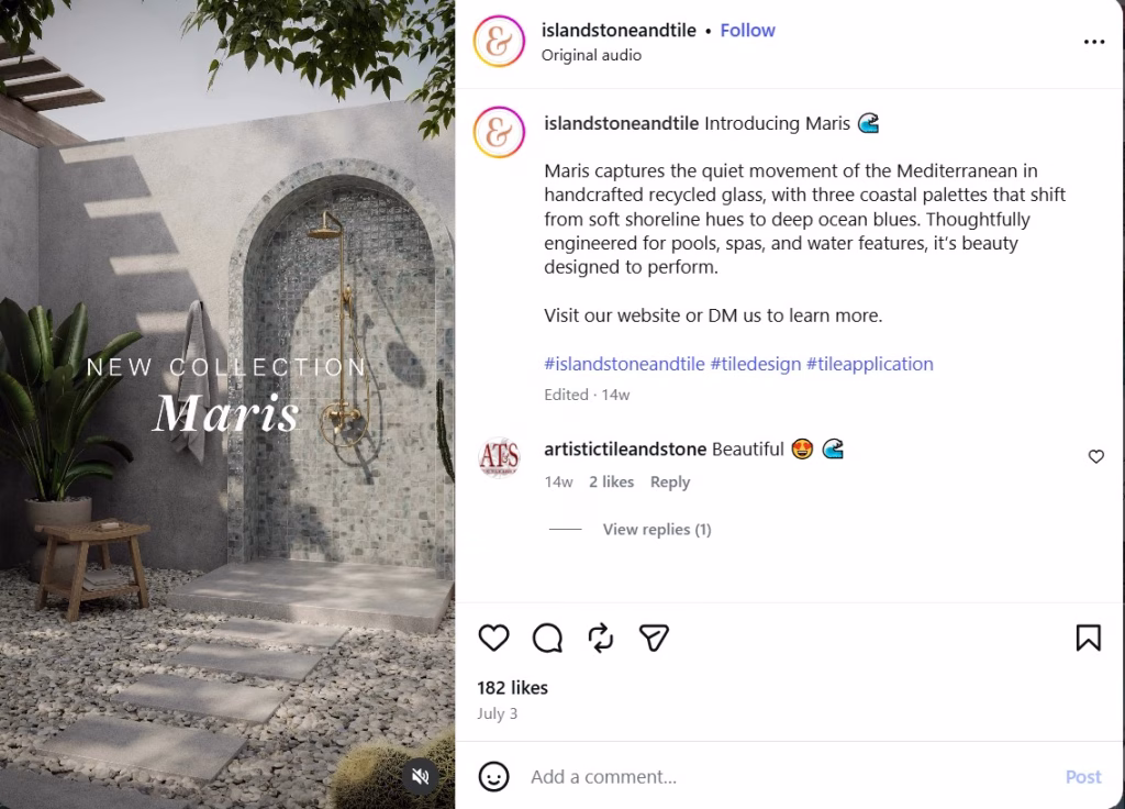 Island Stone Instagram post launching the Maris collection with a CGI render of an outdoor shower