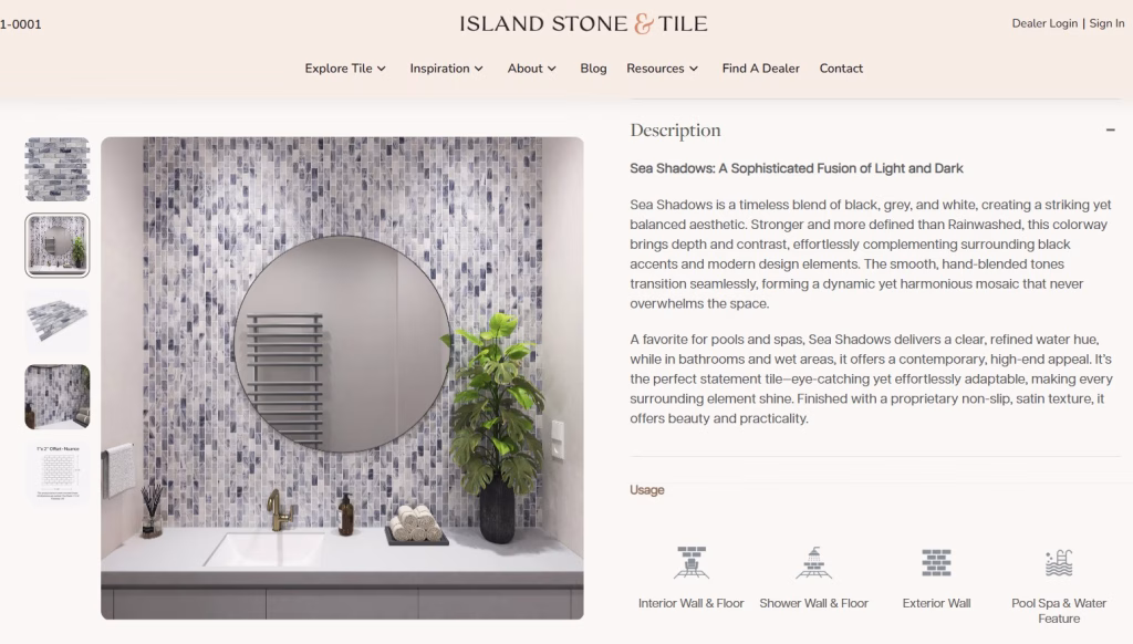 Island Stone product page for the Sea Shadows mosaic, showing a 3D render of a bathroom vanity wall
