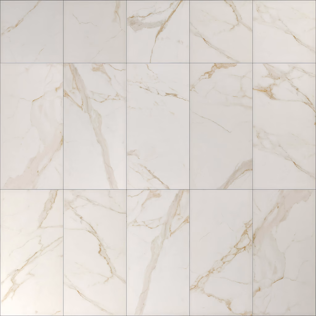 Flat CGI view of cream marble-look tile with gold veining in a stacked layout