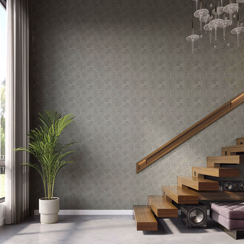 CGI render of a stair hall with a full wall of grey concentric-circle relief tile behind floating wood stairs