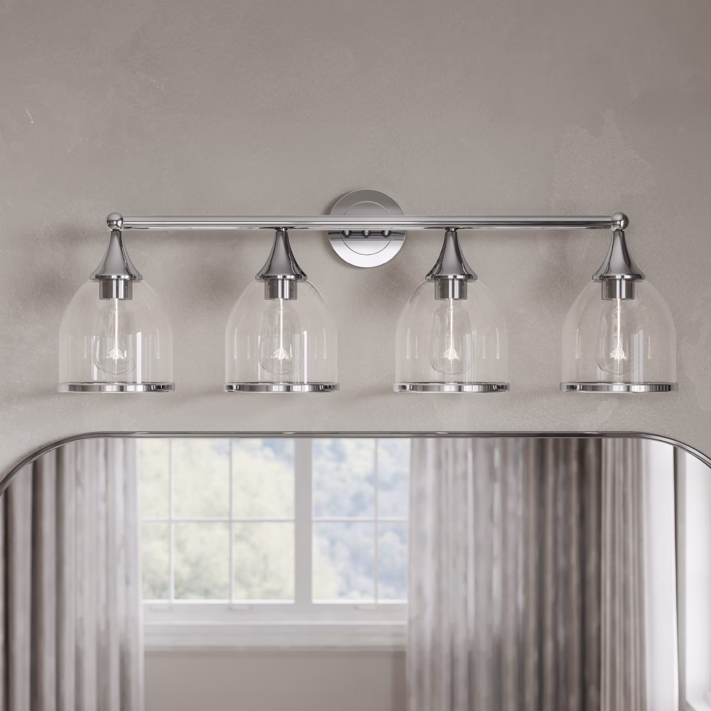 Close-up 3D rendering of the chrome Livex Ashridge vanity sconce with clear glass shades facing down