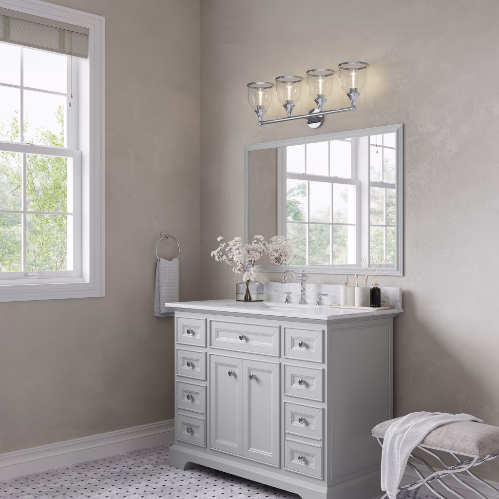 3D rendering of the Livex Lighting Ashridge four-light vanity sconce in chrome, shades up, above a gray bathroom vanity with a marble top