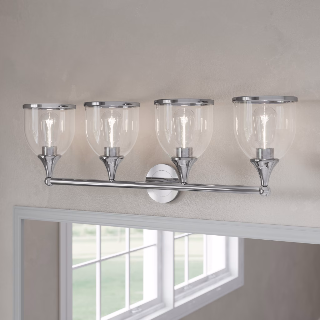 Close-up 3D rendering of the chrome Livex Ashridge vanity sconce with clear glass shades facing up