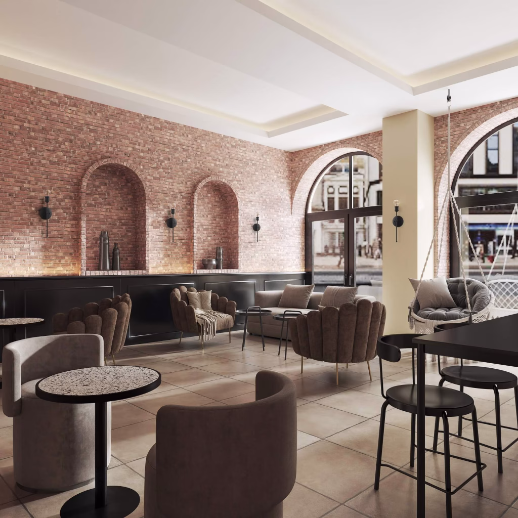 3D rendering of black single-light torch sconces for Livex Lighting on the brick walls of a café with arched windows