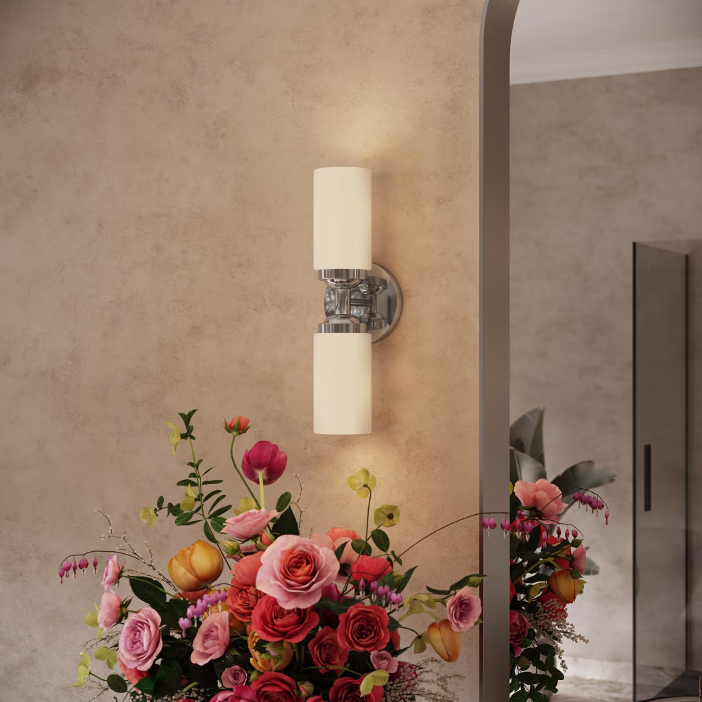 Close-up 3D rendering of a chrome Livex Lighting two-light sconce with white glass cylinder shades