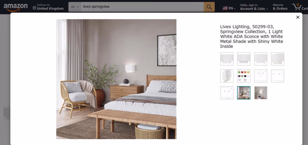 Amazon product gallery for the Livex Lighting Springview white wall sconce with a CGIFurniture bedroom rendering