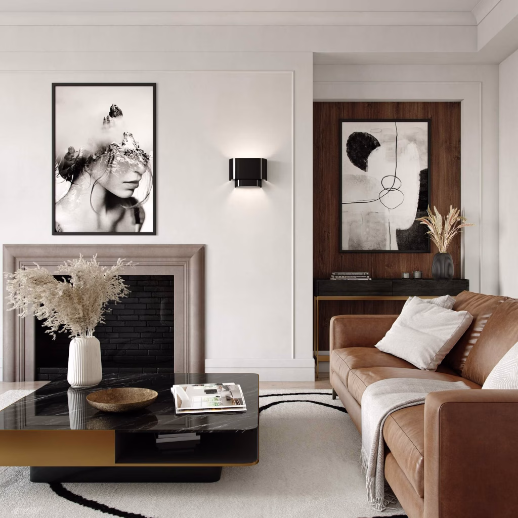 3D rendering of a glossy black Livex Springview wall sconce on a paneled living room wall beside a fireplace and leather sofa