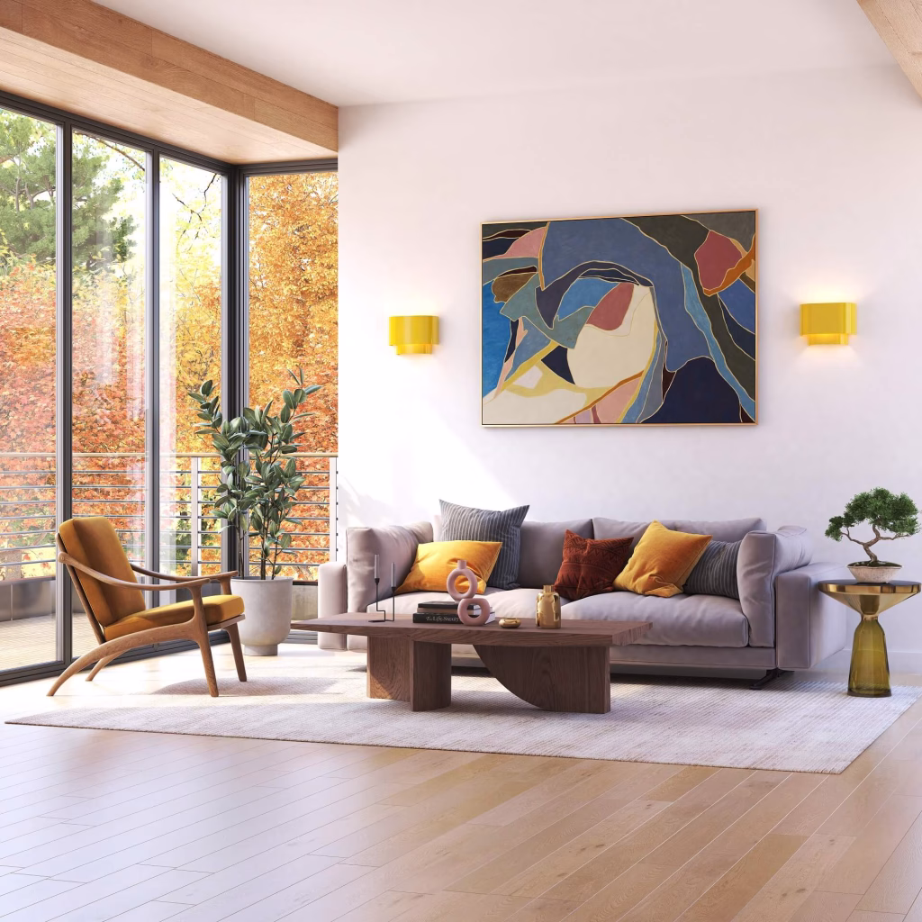 3D rendering of two glossy yellow Livex Springview wall sconces flanking an abstract painting in a sunlit living room