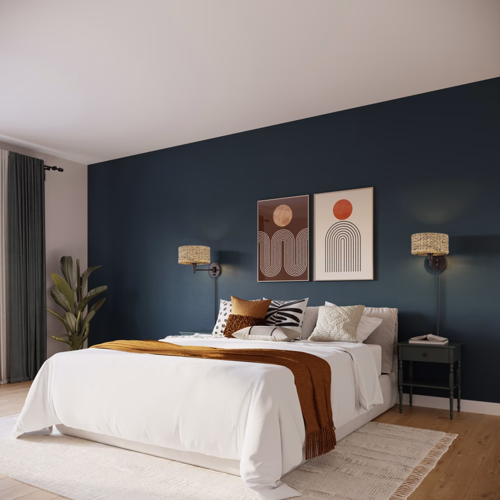 3D rendering of water hyacinth swing-arm wall sconces for Livex Lighting on both sides of a bed against a navy accent wall