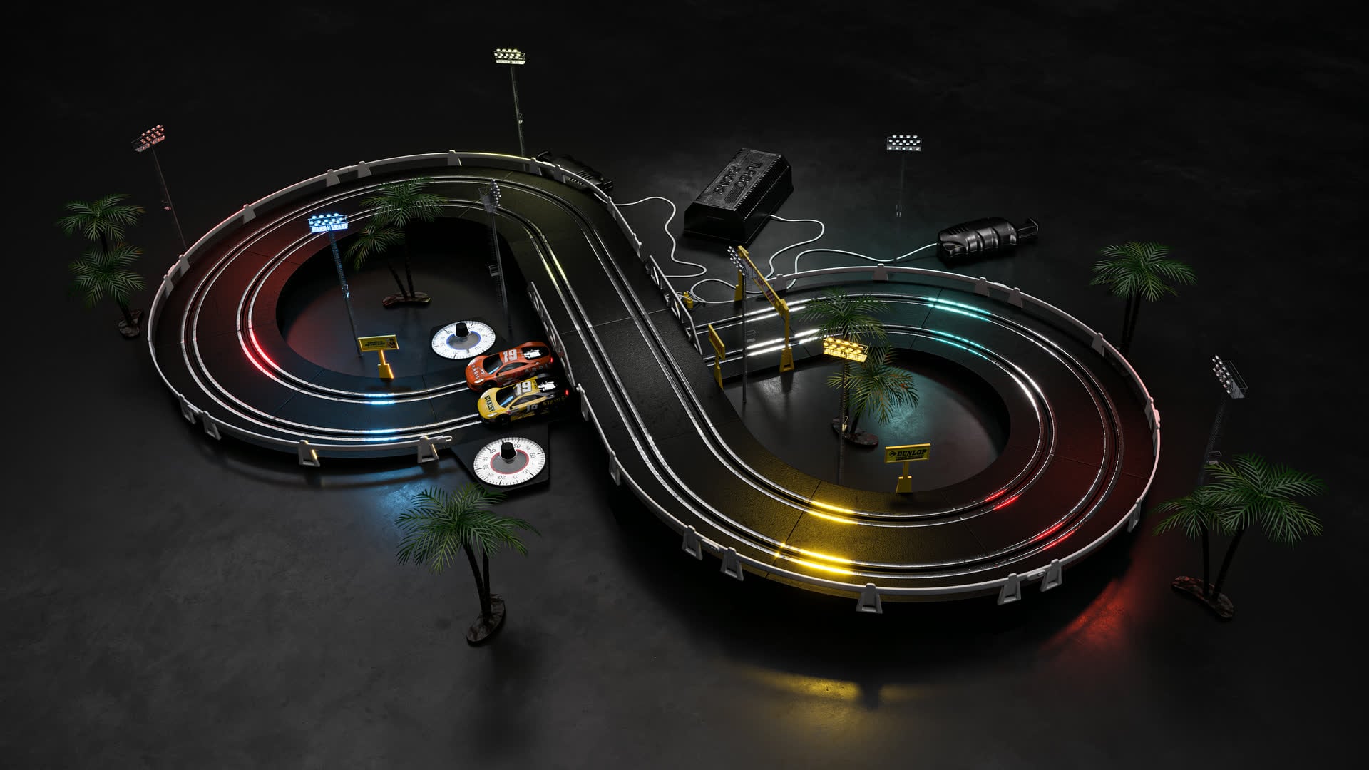 3D rendering of a slot-car racing track toy lit cinematically against a dark studio backdrop, Amazon main listing image