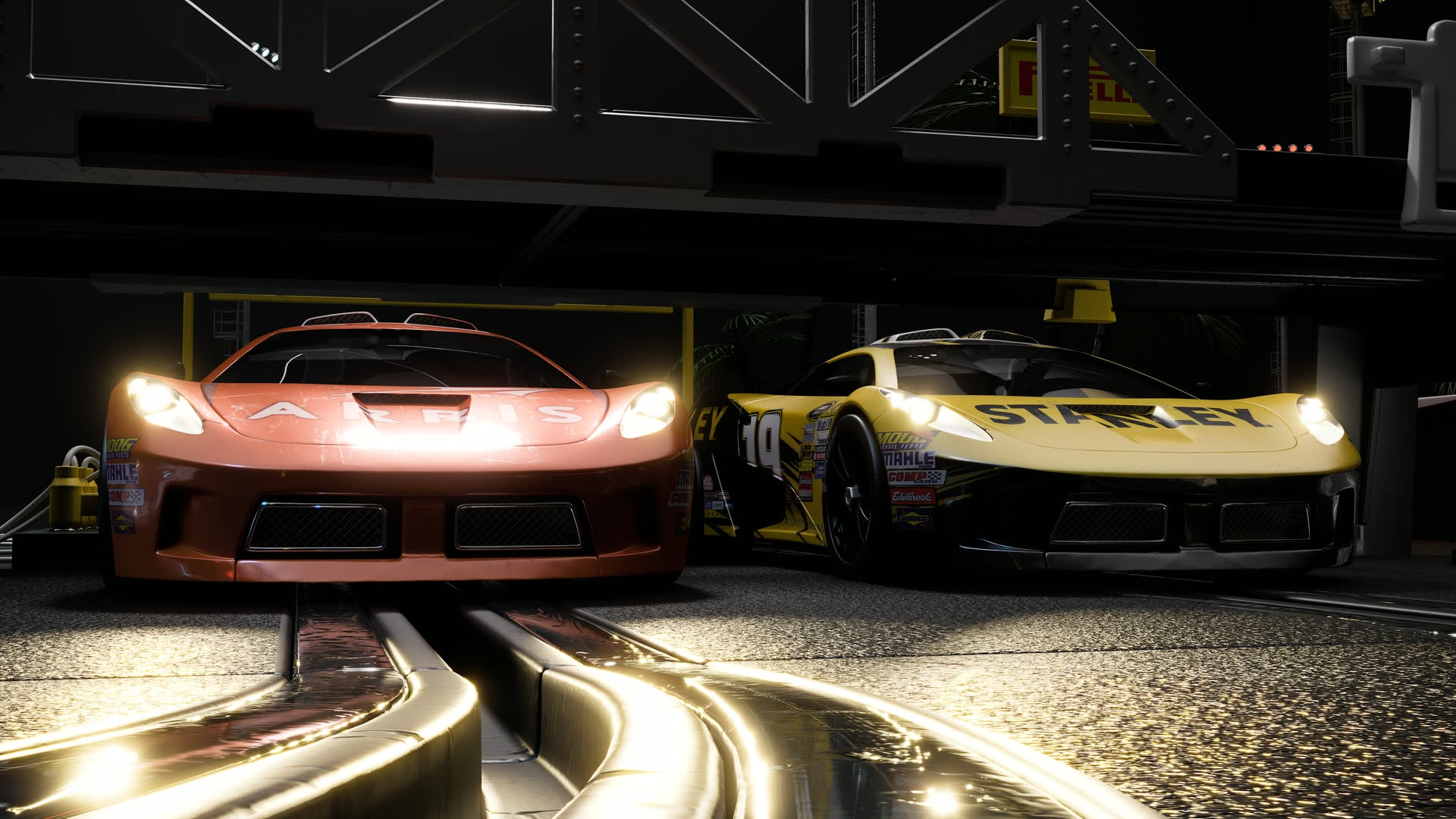 Amazon gallery thumbnail: 3D rendering of two race cars under bridge lighting