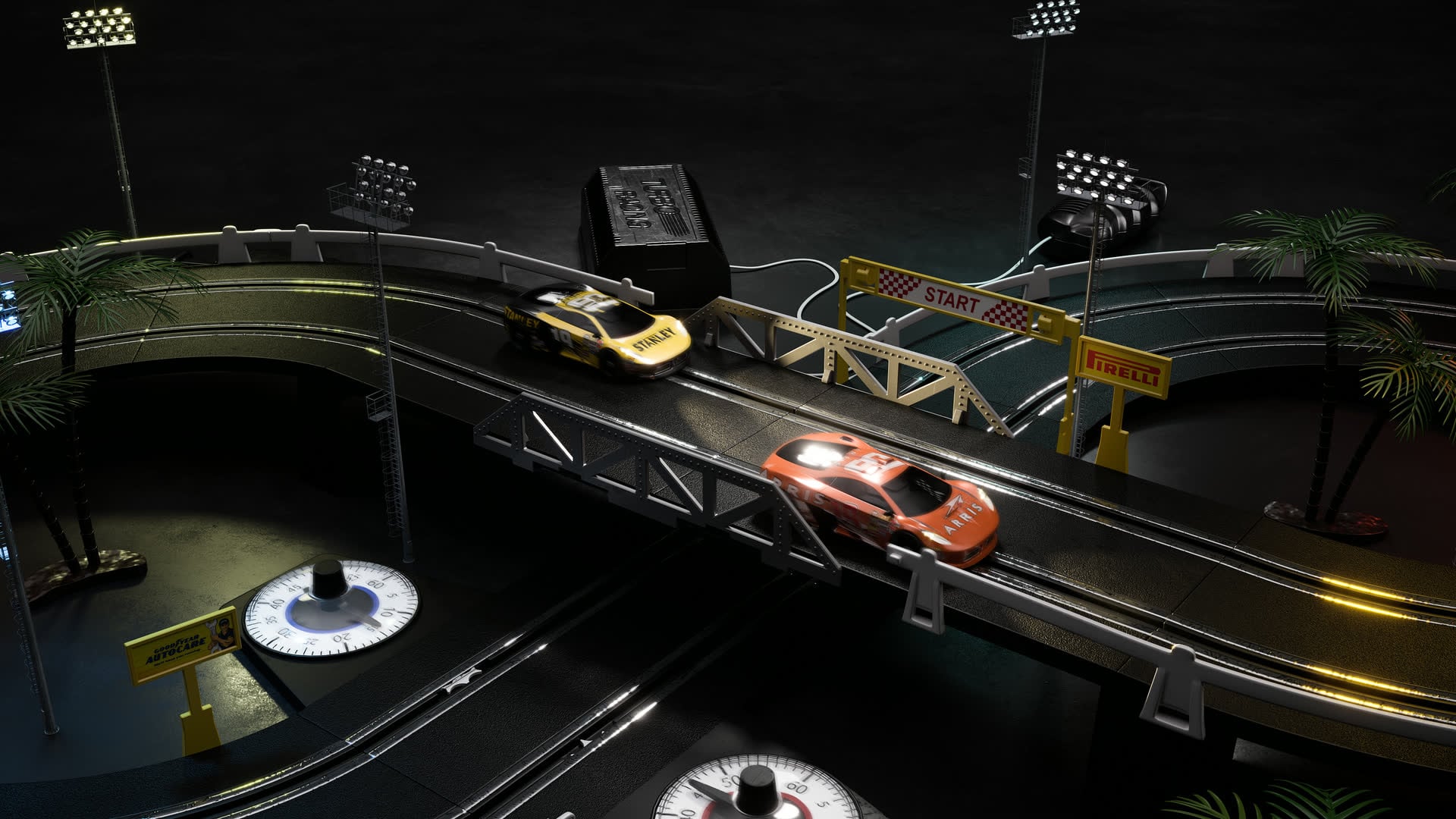 Amazon gallery thumbnail: 3D rendering of the full slot-car track scene with both race cars